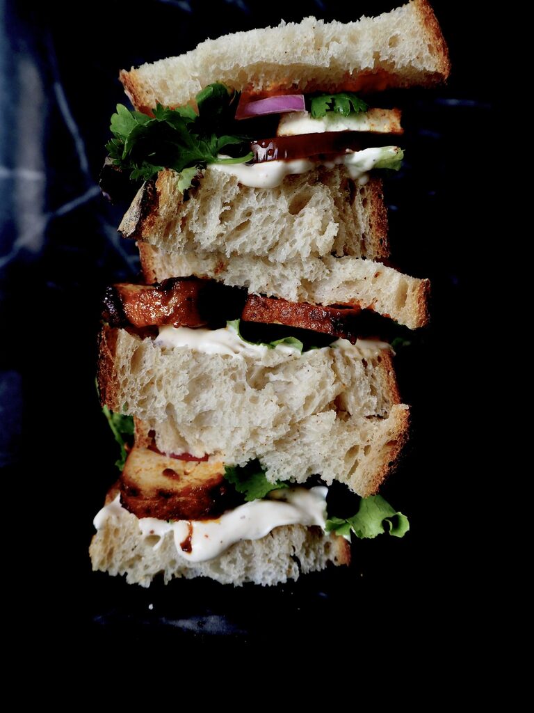 zomerse sandwich gezien van voren tegen donkere achtergrond. gestapeld brood, aioli, sla, tofu, en rode ui,