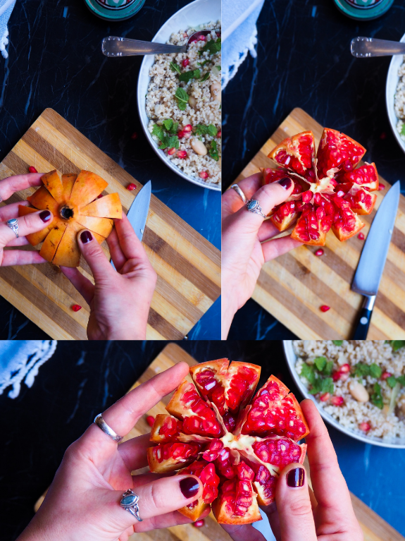 three photos of how to peel the pomegranate to get the seeds out