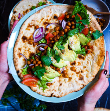 flatbread with roasted chickpeas seen from above