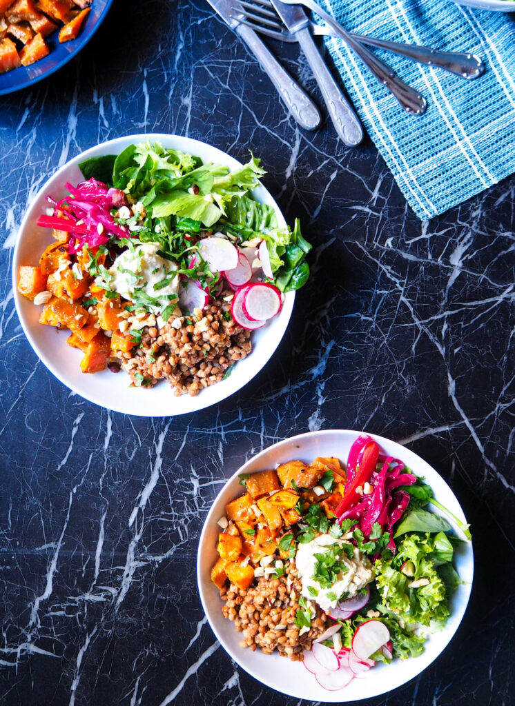 two spiced lentil and sweet potato bowls seen from above