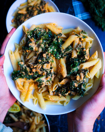a bowl of cheesy hummus pasta held by two hands seen up close