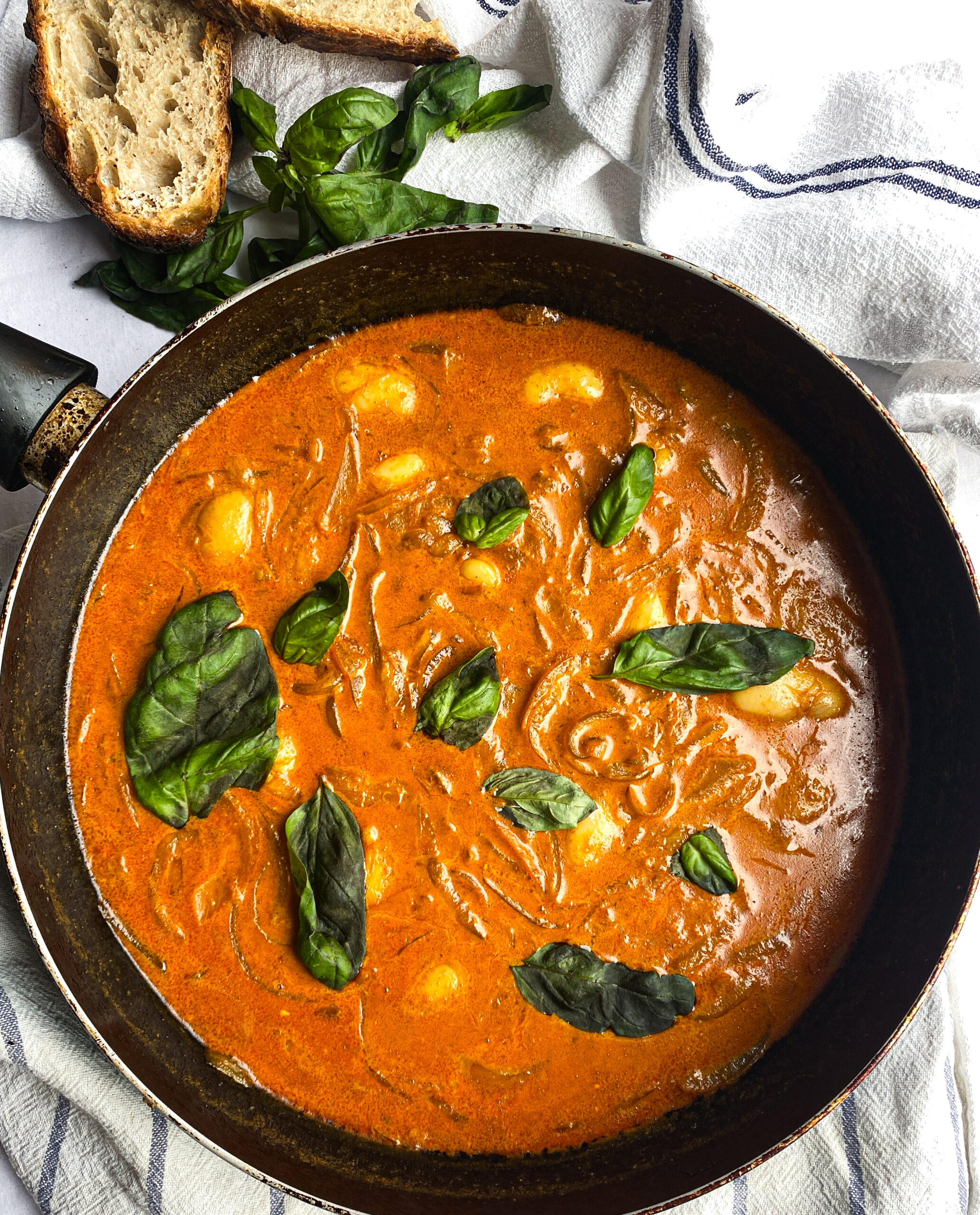 caramelised onion curry with piece of bread seen from top view